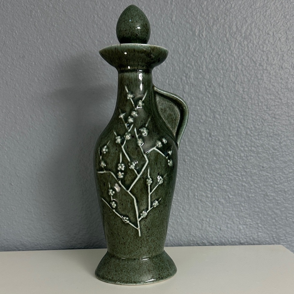 Artisan Olive Ceramic Pitcher with Floral Motif